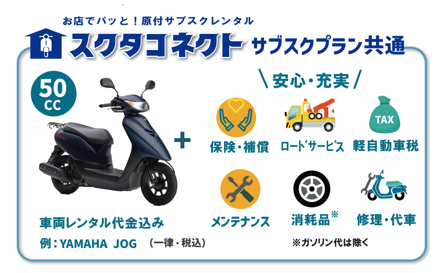 バイクレンタル「スクタ」。保険、メンテンス、陸送、修理、代替車、税金込み